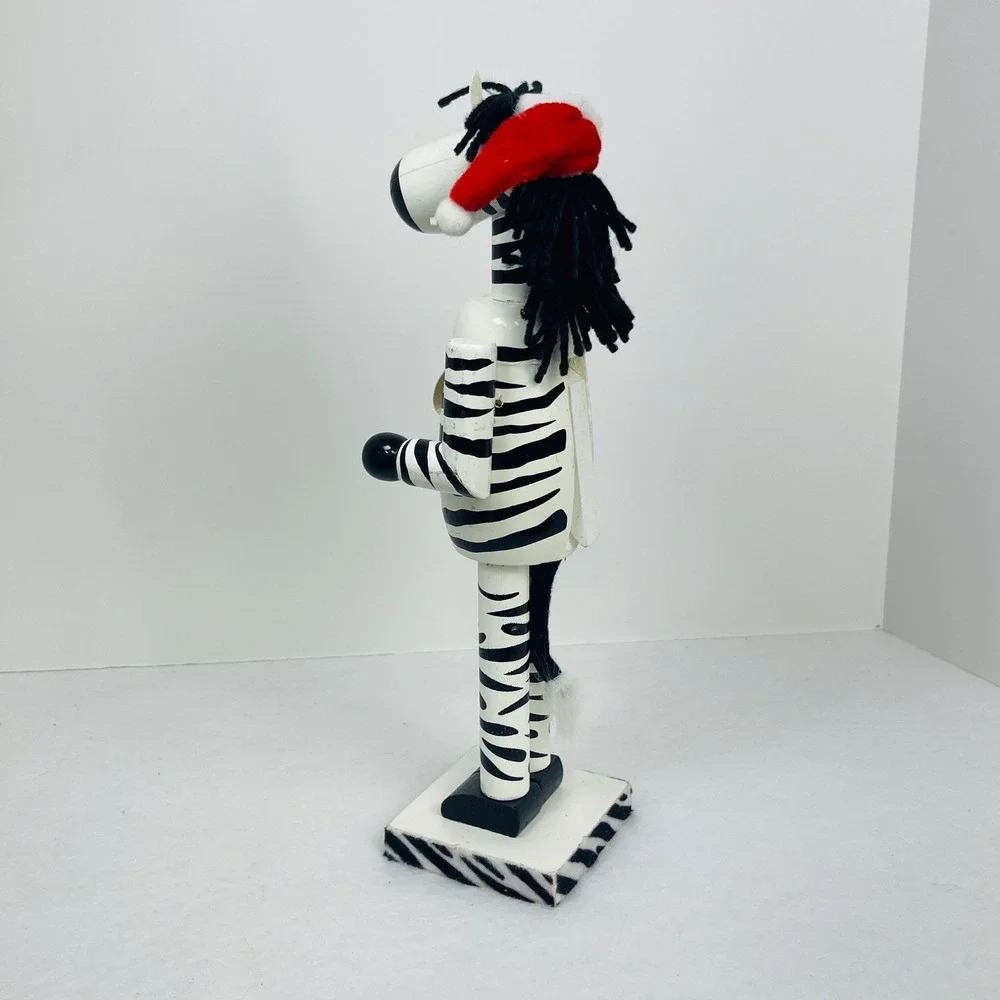 Zebra Wooden Nutcracker Christmas Decor Safari Animal Santa Hat 12 Inch